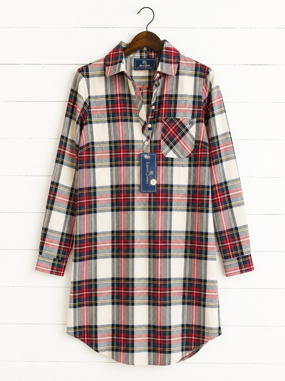 Lauren James Dakota Plaid Dress NWT Small Ivory Red Blue Long Sleeve Shirt